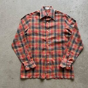 Vintage 70s Geno Plaid Shirt Size Medium Red Poplin Button Up Dagger Collar